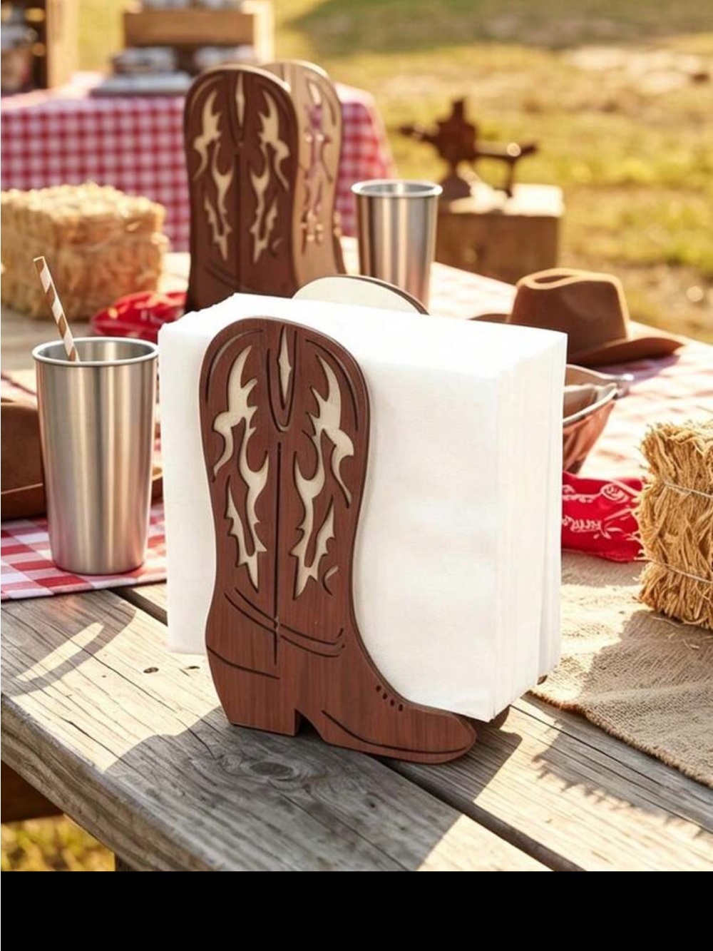 Brown Cowboy Boot Wooden Napkin Holder - Rustic Home Dining
